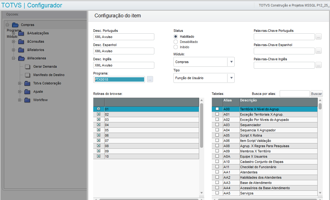 Figura 1: Configuração do Menu