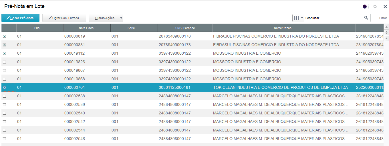 Figura 56: Tela de Pré-notas em lote.