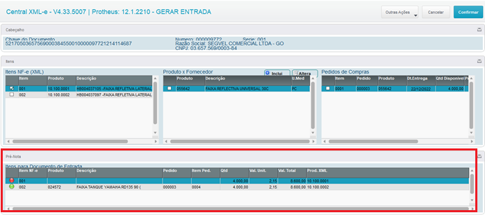 Figura 19: Pré-Nota com um produto Pendente e outro Liberado